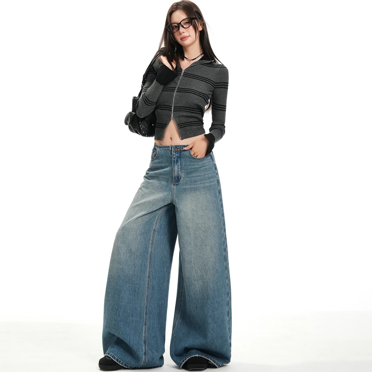 Jeans Blu Stile Americano a Vita Alta e Gamba Dritta Larga, Nuova Moda Autunnale da Donna, Pantaloni Svasati Lunghi Effetto Snellente
