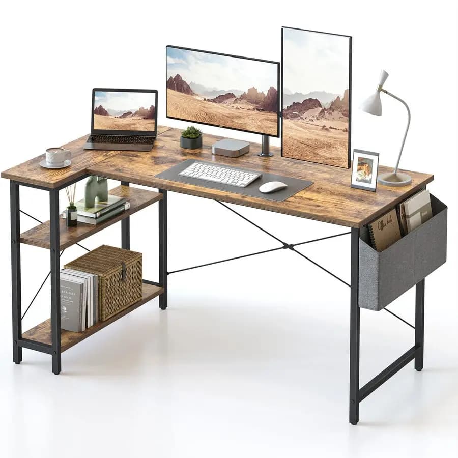 Scrivania a L, Tavolo per Computer da 55 Pollici con Ripiani Reversibili, Angolo Studio per Casa e Ufficio, per Scrivere e Giocare, Marrone Rustico