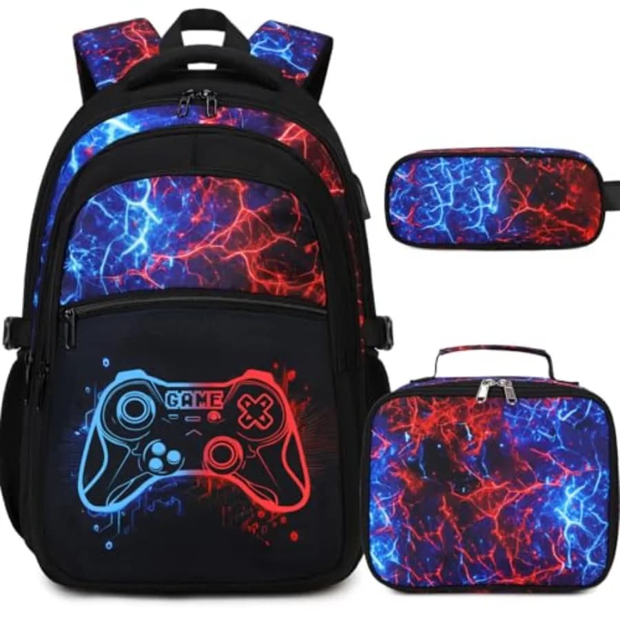 Zaino per ragazzi per la scuola, set da 3 pezzi, zaino luminoso e cool da gamer per ragazzi con borsa per il pranzo e astuccio, zaino per libri per ragazzi adolescenti E