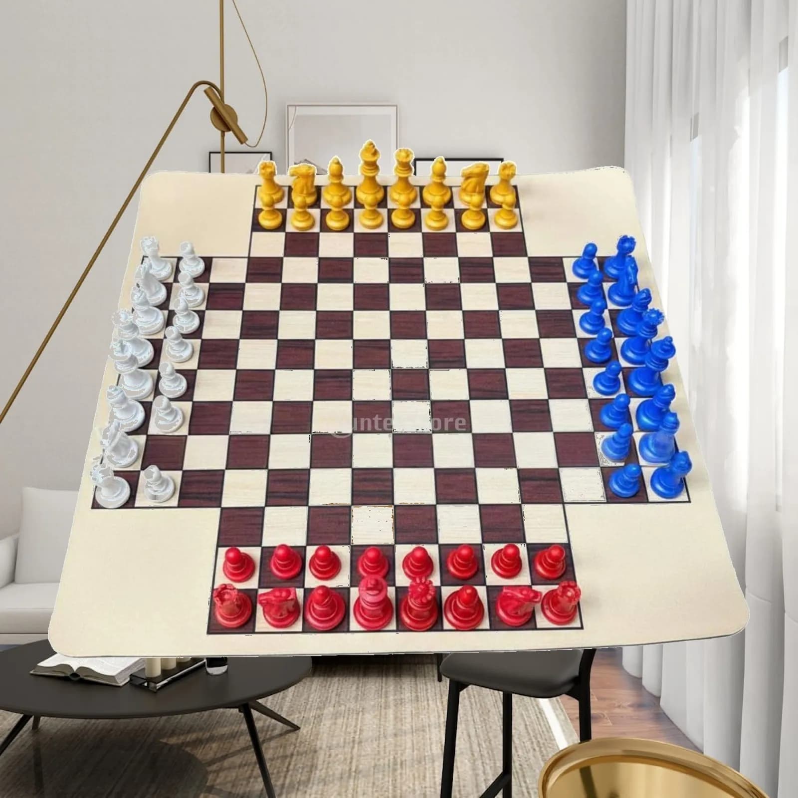 Four Player Chess Board Game Square Wood Grain Design Portable PS Plastic Chess Set for Strategy Board Games