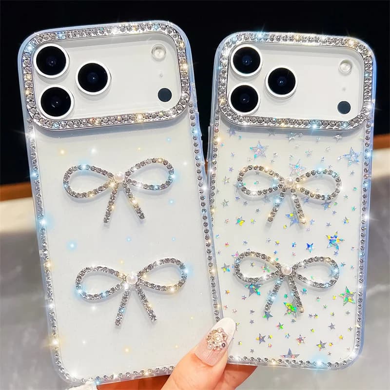 Cornice con diamanti Glitter trasparenza Custodia per telefono per iphone 17Air 16 Plus 15 14 13 pro max 16e 16promax 15pro bowknot Modello carino