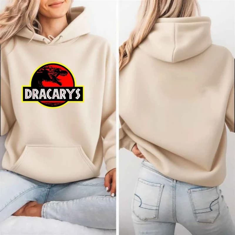 Felpa con Cappuccio da Donna Ispirata al Logo del Drago, Stampa Beige 'Dracarys', Abbigliamento Casual Streetwear con Stampa Frontale