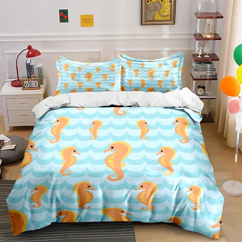 Set di biancheria da letto con motivo a cavalluccio marino, 3 pezzi, 1 copripiumino, 2 federe, per adulti e bambini, regalo di lusso, misura completa
