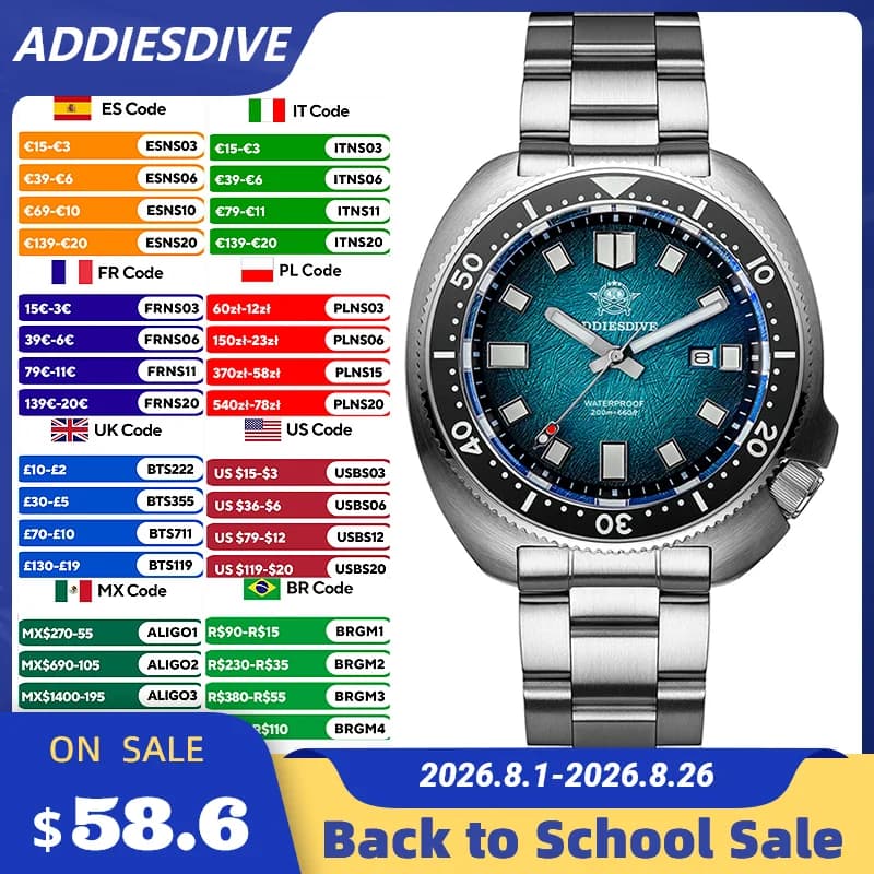 ADDIESDIVE Quartz watches for men Sapphire crystal 41mm AR coated 200M Waterproof underwater watch BGW9 Luminous man watch New AD2511