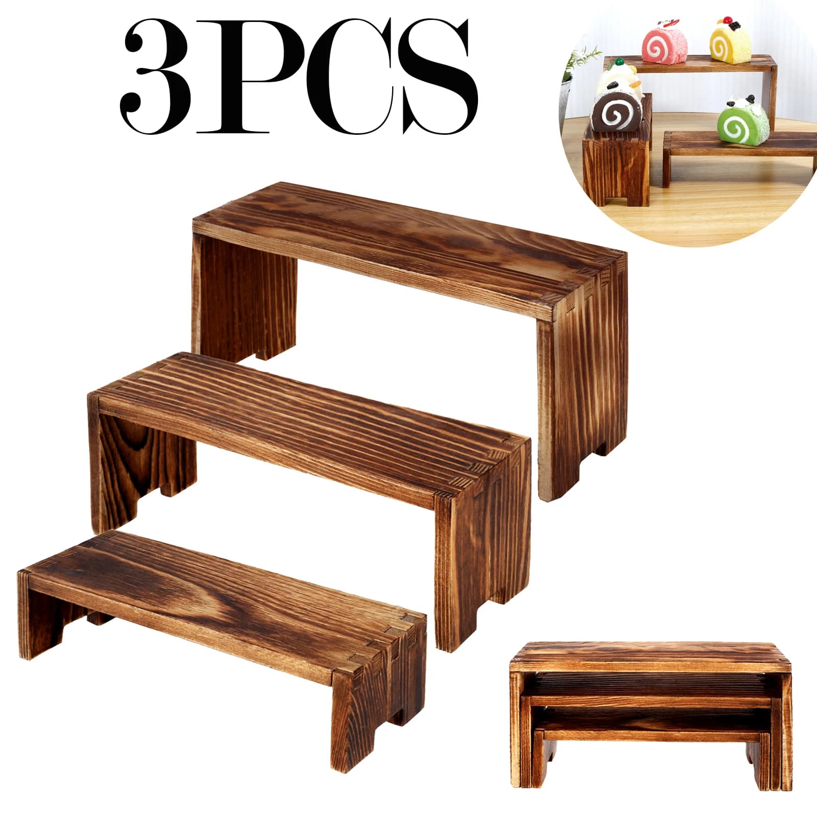 3Pcs Wood Display Risers Rectangular Pine Display Stands Stackable Mini Figurine Display Stands for Home Decoration Storage Rack