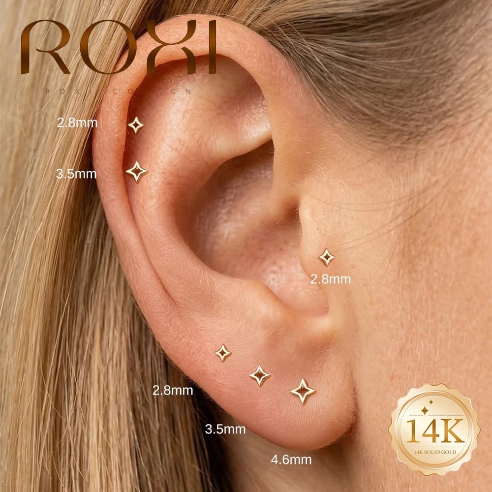 ROXI 1 Pezzo Orecchini a Stella a 4 Punte Piatte Placcati Oro 14K, in Titanio G23 Ipoallergenico per Donna
