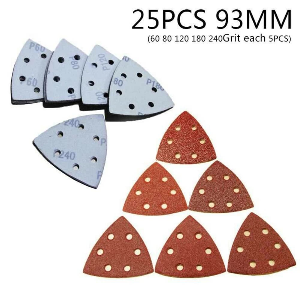 25 pezzi 93mm 60/80/120/180/240 grana triangolo tamponi abrasivi set di carta 6 fori di estrazione polvere oscillante multiutensile