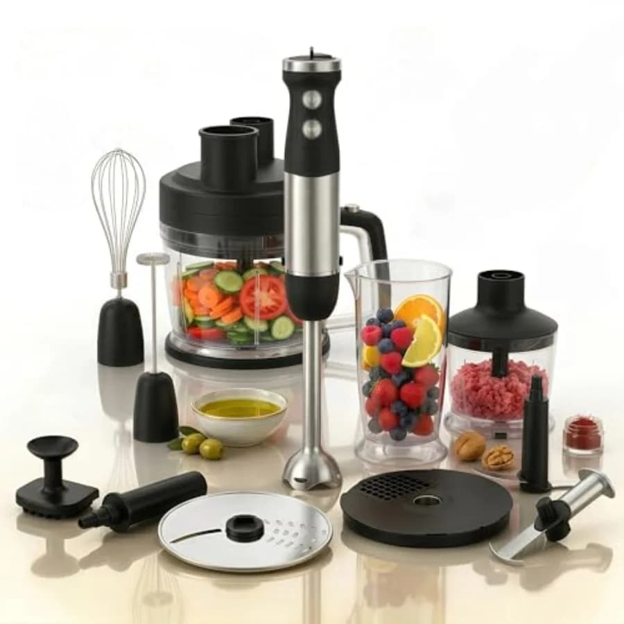 Frullatore a immersione 9-in-1 per tritare, affettare, sminuzzare, miscelare senza schizzi, con asta in acciaio inossidabile, finitura nera opaca, ergonomico