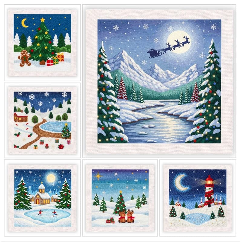 Winter Snow Scene Punch Needle Kit 25x25cm Christmas Tree Cabin Pattern Handicrafts Embroidery Funny Arts Craft Kit Home Decor