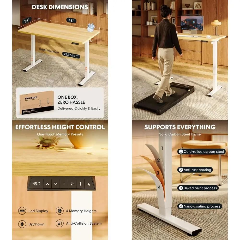 Adjustable Maple Standing Desk, 48x24, 176lbs Capacity, 4 Memory Presets, Dual Monitor, Anti-Collision