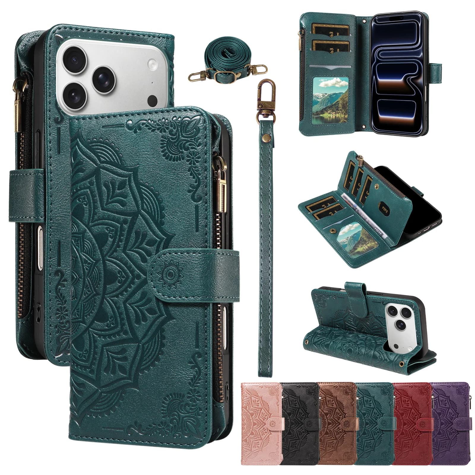Crossbody Leather Zipper Wallet Case For Xiaomi Poco X8 Pro Max X7 X6 X5 X4 GT X3 NFC Flower Pattern Multi 9 Cards Flip Cover