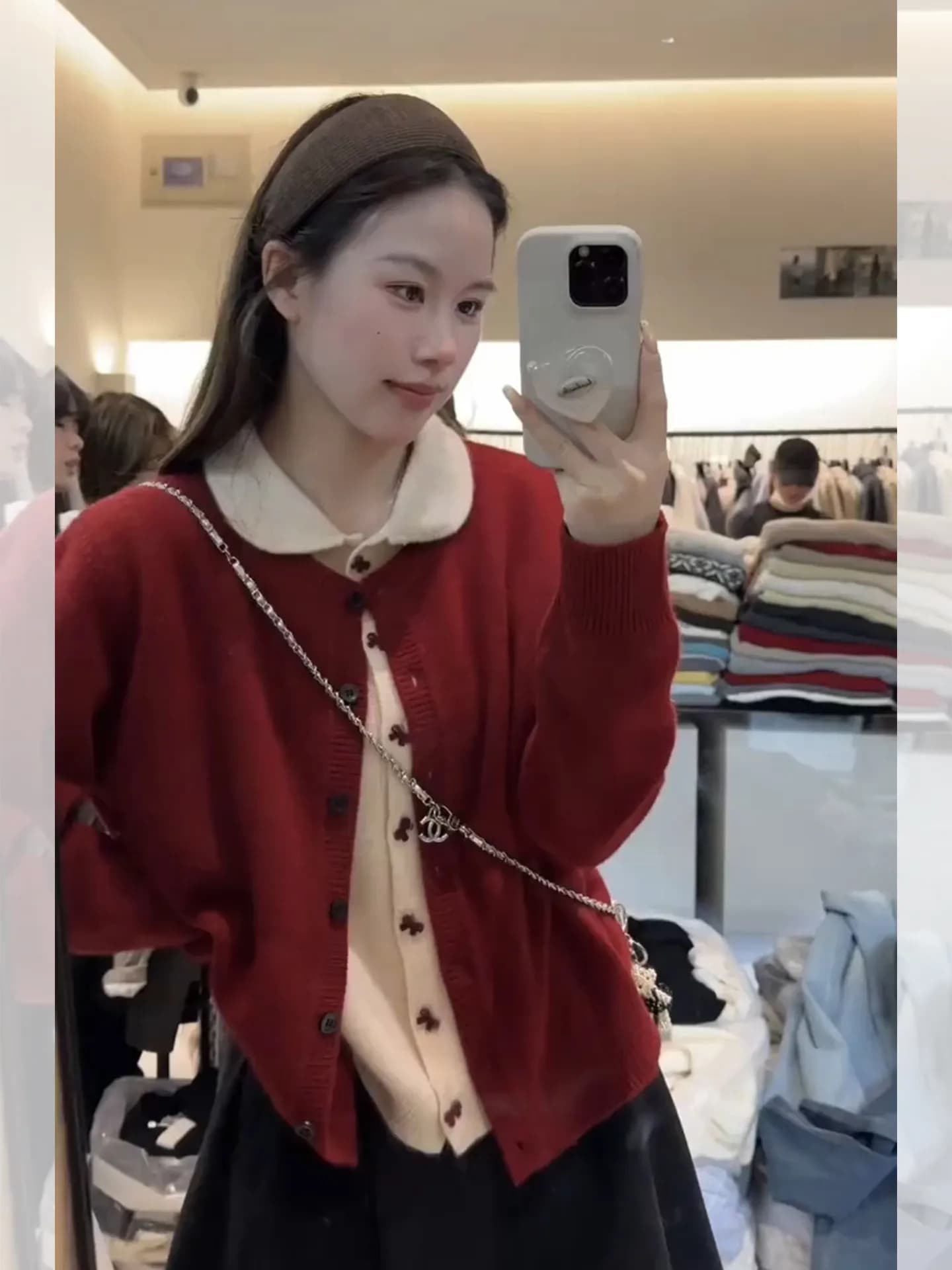 Korean Style Red Collar Knitted Open Cardigan Women's Autumn Winter Unique Sweater Jacket Beautiful Top Not a Copycat