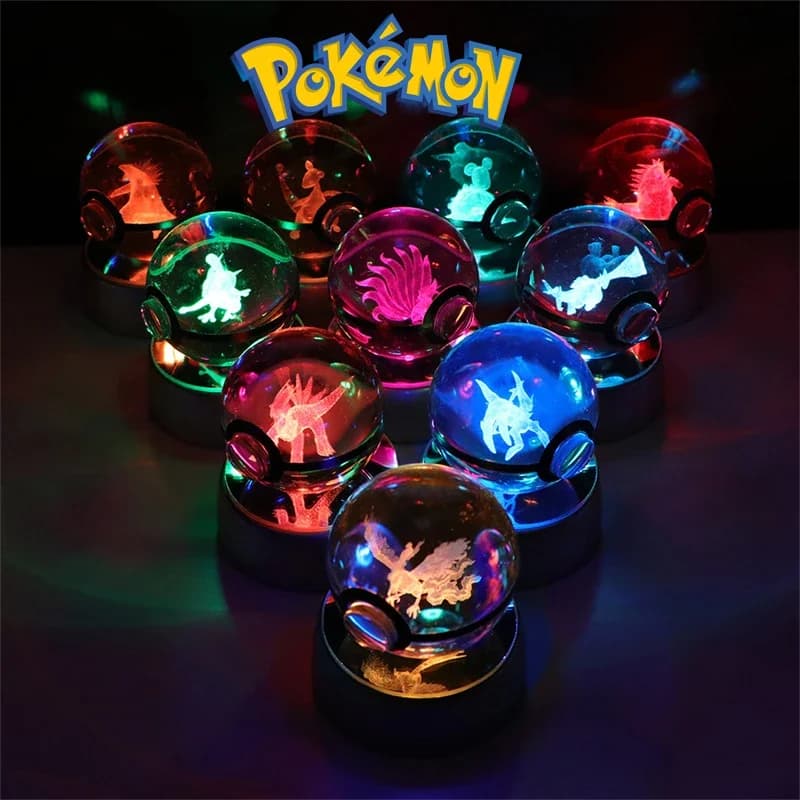 Pokemon 3D Crystal Ball Figure Toys Pokeball Gengar Gyarados Mimikyu Snorlax Rayquaza Unleashed Model With Light Base A Led Dolls