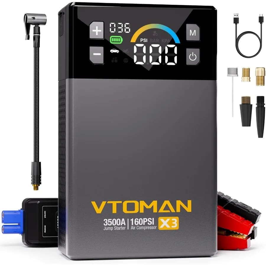 Jump Starter with Air Compressor for Emergency Vehicle Battery Boost: 3500A High-Capacity Portable Jumper Box Compati