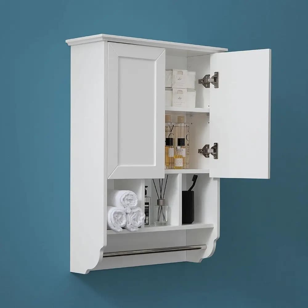 Mobiletto da Bagno Bianco a Parete con Portasciugamani e Ripiani Regolabili, 23x32 Pollici per Cucina, Bagno o Lavanderia