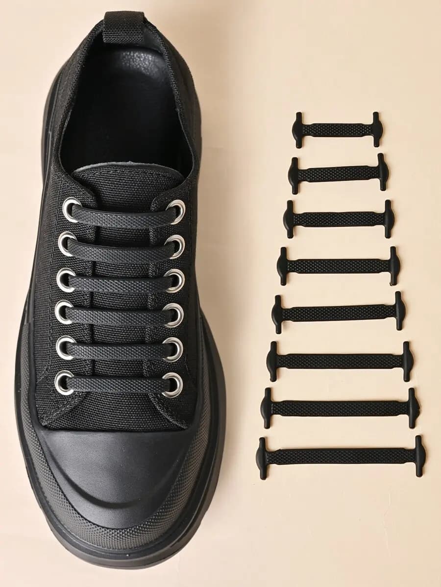 16 Pieces Black Silicone Elastic No-Tie Shoelaces For Sneakers, Casual And Athletic Footwear Accessories