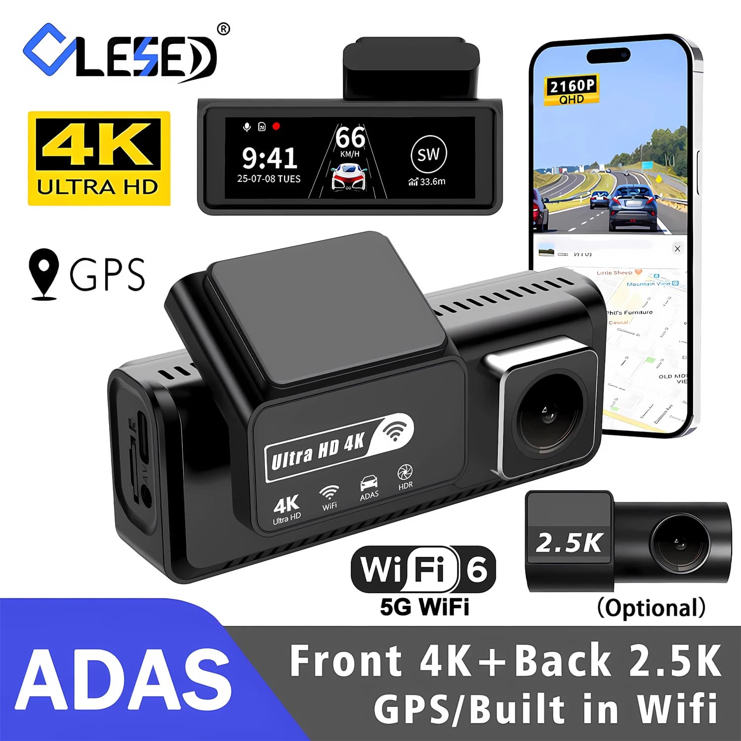 Telecamera da cruscotto anteriore 4K ADAS e mini DVR posteriore 2.5K con WiFi 5G, scatola nera con monitoraggio parcheggio 24H, visione notturna e GPS/telecamera posteriore