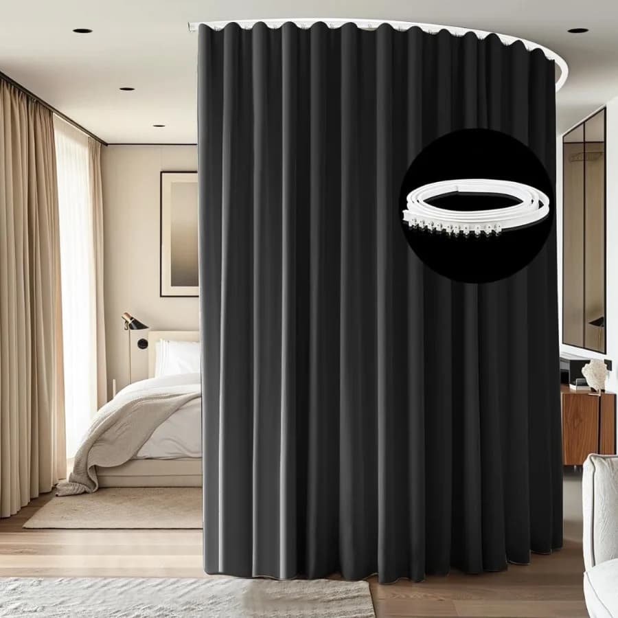 Room Divider Blackout Curtains with Ceiling Mounted Curtain Track Set 1 Panel Black Divider Curtain and White Flexible Curtain