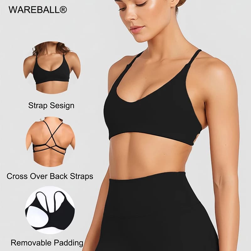 Reggiseno sportivo fitness da donna in tinta unita con incrocio sulla schiena, intimo da palestra aderente ad alta resistenza con imbottitura sul petto