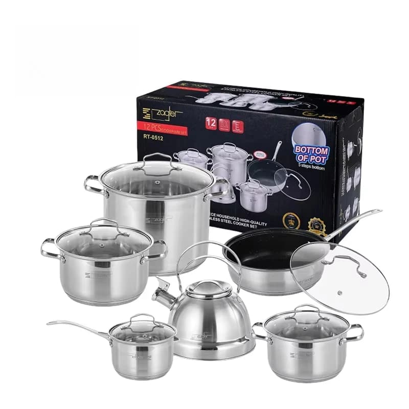 12-piece set of stainless steel pots and pans, set of household soup pots, milk pots, frying pans, kettles, gift pots and pans
