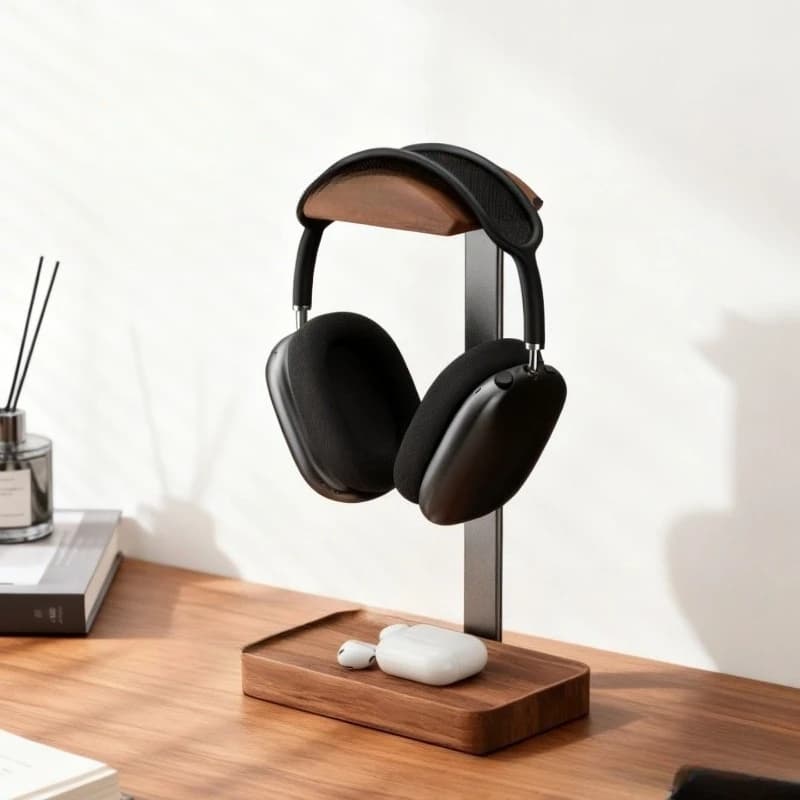 Wood Headset Stand with Storage Base,Headphones Holder for Gaming,Office,and Home Desk - Compatible with AirPods Max, Bose,Razer