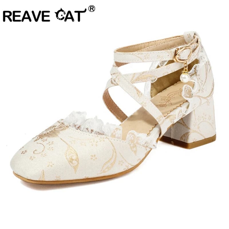 REAVE CAT Elegant Round Toe Women Pumps Strap Party 5cm Squre Heel Buckle Big Size 30 31 32 33 45 46 47 48 Beige Pink Blue