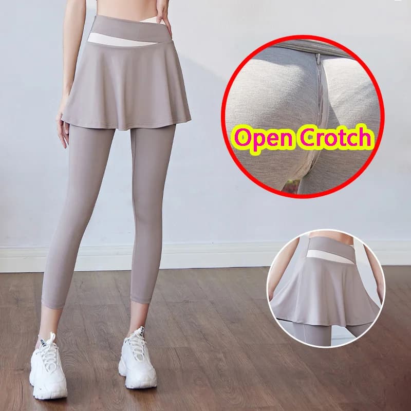 Leggings da donna con apertura sul cavallo con gonna finta cerniere nascoste mutandine senza cavallo elastico Skinny Sport Girl Open Seats pantaloni regali