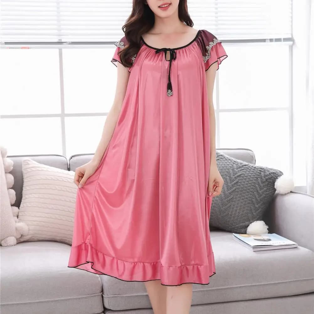 Women Pajama Dress Faux Satin Loose Nightgown O-Neck Lace-up Short Sleeve Sleeping Dress Satin Ruffle Hem Summer Nightdress 80%