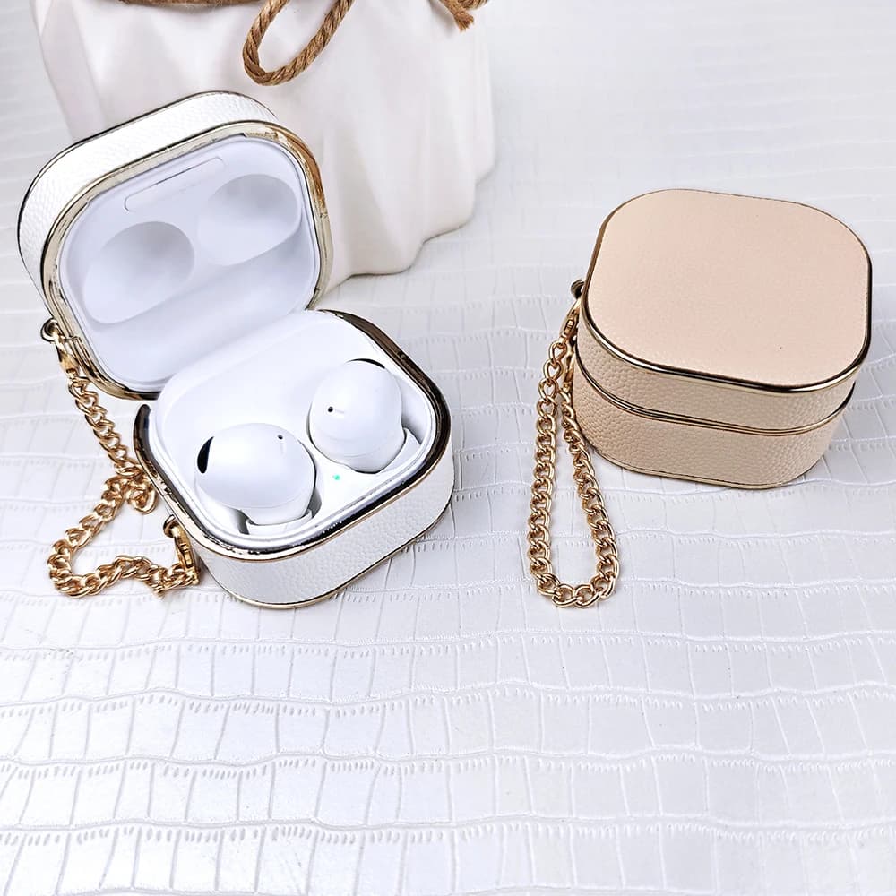 Luxury Lychee leather headset for Samsung Galaxy Buds2 Pro/ Live/ FE Headphone case with wireless charging with metal chain