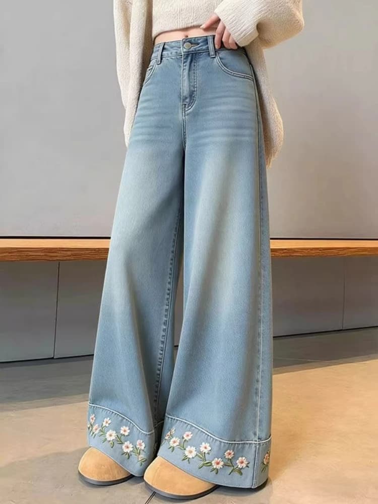 Jeans a Vita Alta con Ricamo in Pizzo Azzurro, Gamba Larga, Moda Femminile, Nuovo Stile Estivo, Pantaloni in Denim Snellenti