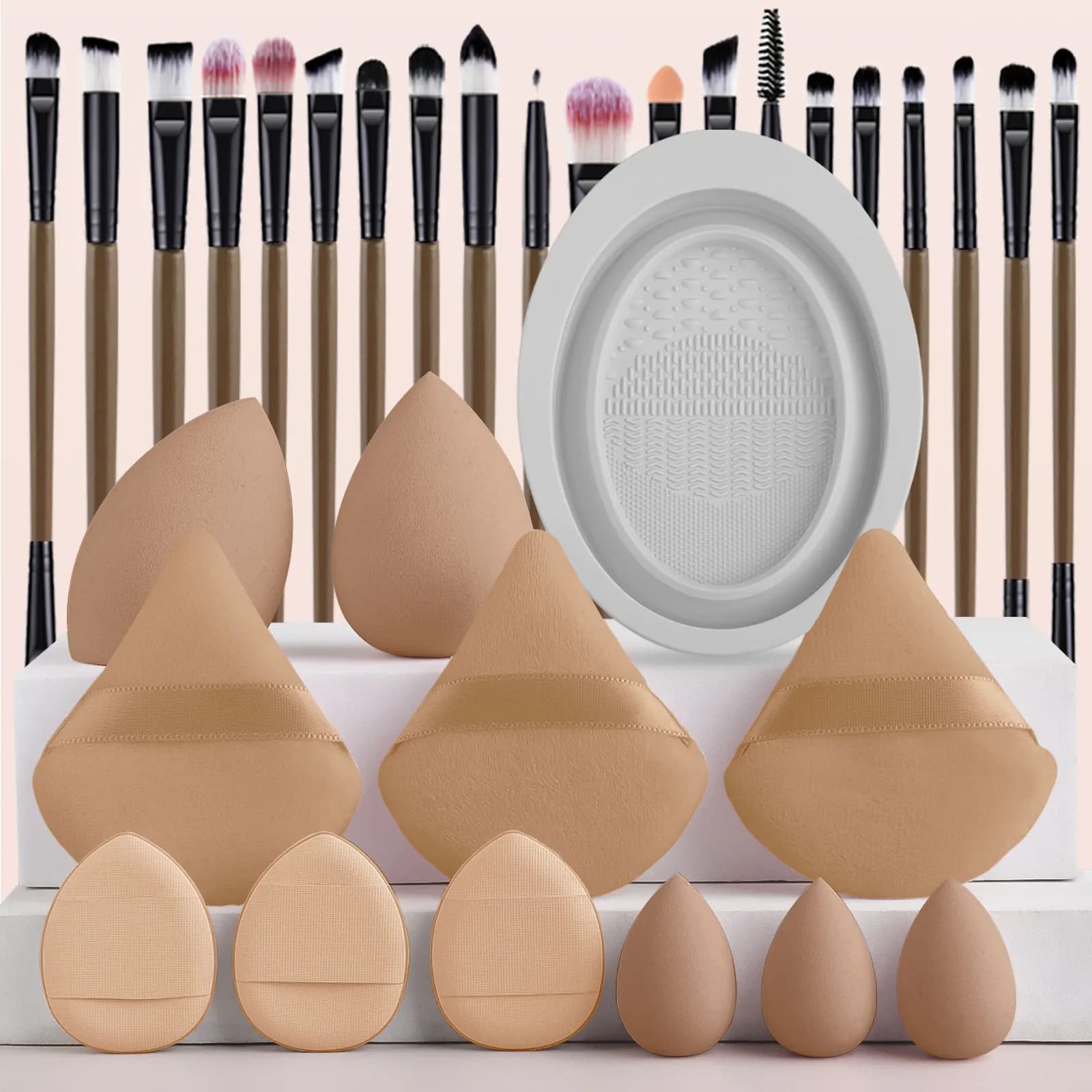Set of beauty tools for make-up of 32 pieces and bowl for 1 piece oval washing and 5 pieces of beauty eggs and 3 pieces of powdered powder 3 pieces air cushion for thumb