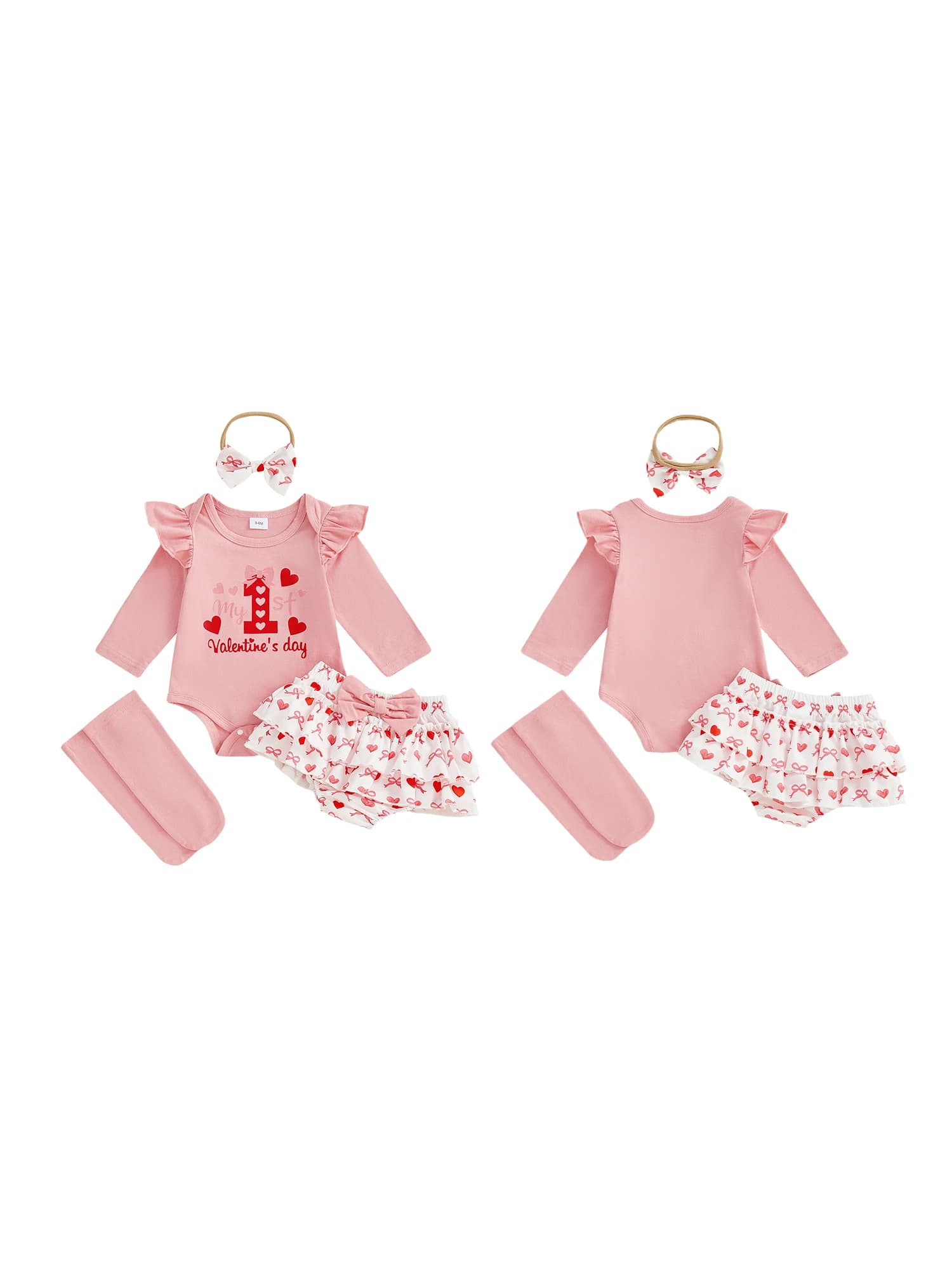 Adorable Toddler Valentine s Day Ensemble Stylish Heart Print Romper with Ruffled Skirt Matching Headband and Cute Stockings