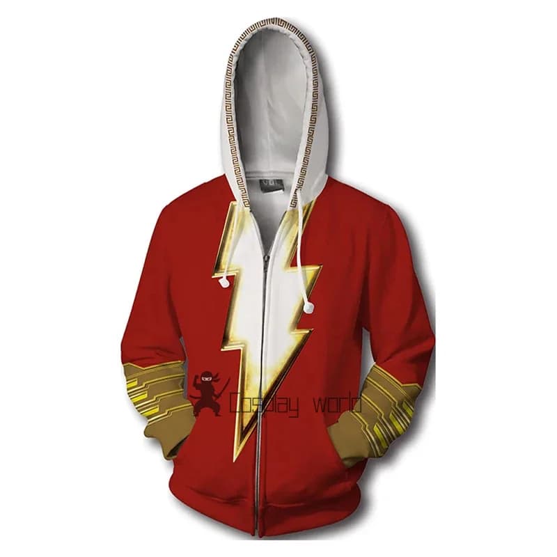 Film Billy Batson Felpe con cappuccio Cosplay Autunno Stampa Cerniera Abbigliamento sportivo da supereroe Giacca Shazam da festa con cappuccio Uniforme primaverile in poliestere