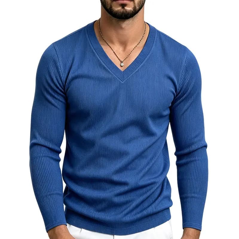 Autumn Winter Mens Tshirt V Neck Solid Color Long Sleeve Tees Men Fashion Smart Casual T Shirt Daily Knitted Pullover Tops Man