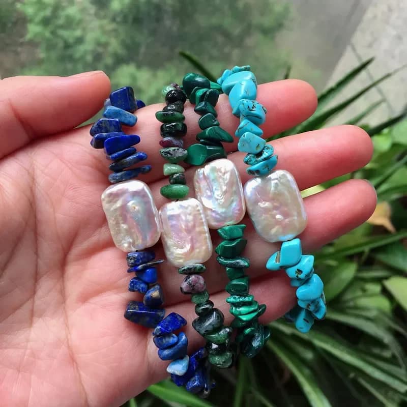 Natural Freshwater Pearl Bracelets Square Baroque Pearl Charm Reiki Lapis Malachite Turquoises Chips Gems Stone Strand Bracelets