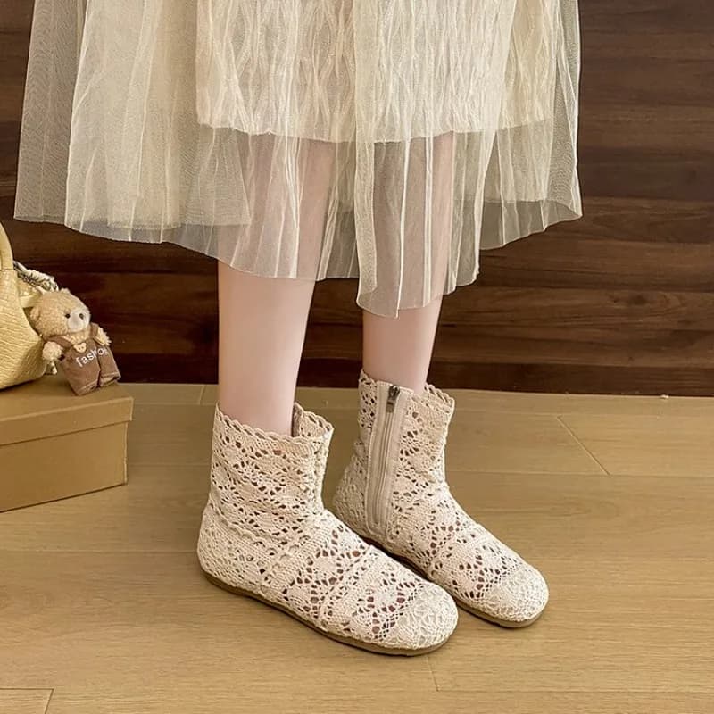 Scarpe Estive Traspiranti in Rete, Stivaletti da Donna con Tacco Piatto, Stivali alla Caviglia con Ritagli alla Moda