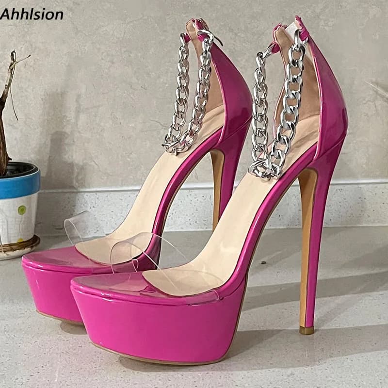 Ahhlsion New Women Summer Sandals Sexy Stiletto Heels Open Toe Beautiful Fuchsia Dress Shoes Ladies US Plus Size 5-20