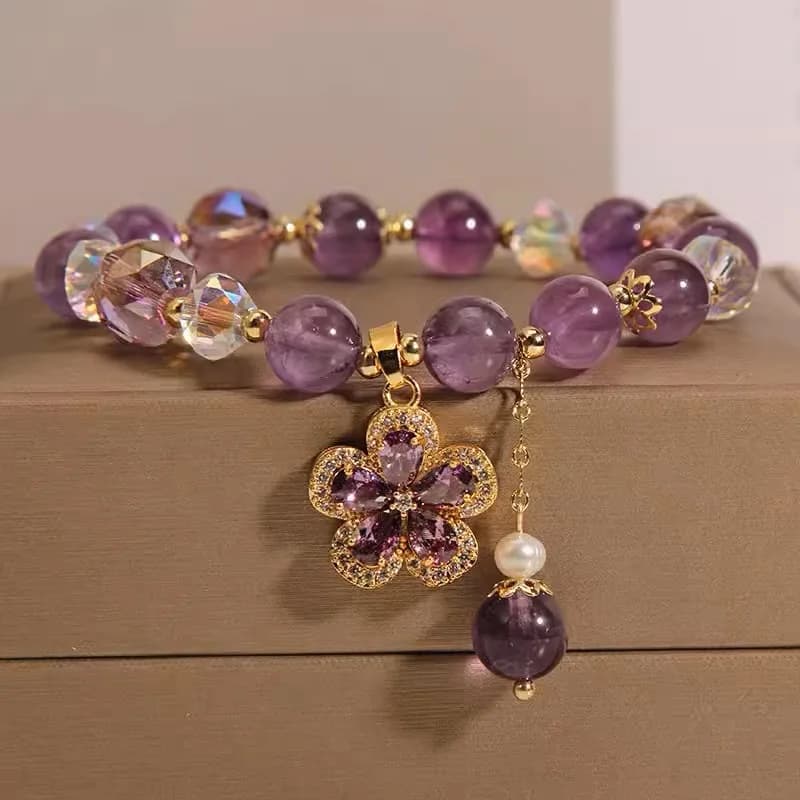 Squisito braccialetto con ciondoli in zirconi con perline di cristallo viola per donne e ragazze, accessori per gioielli di compleanno carini