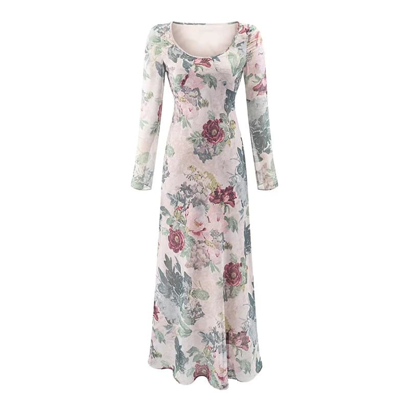 YENKYE New Long Floral Women's Dress 2026 Long Sleeves, Elegant French Vintage Style for Holiday and Party