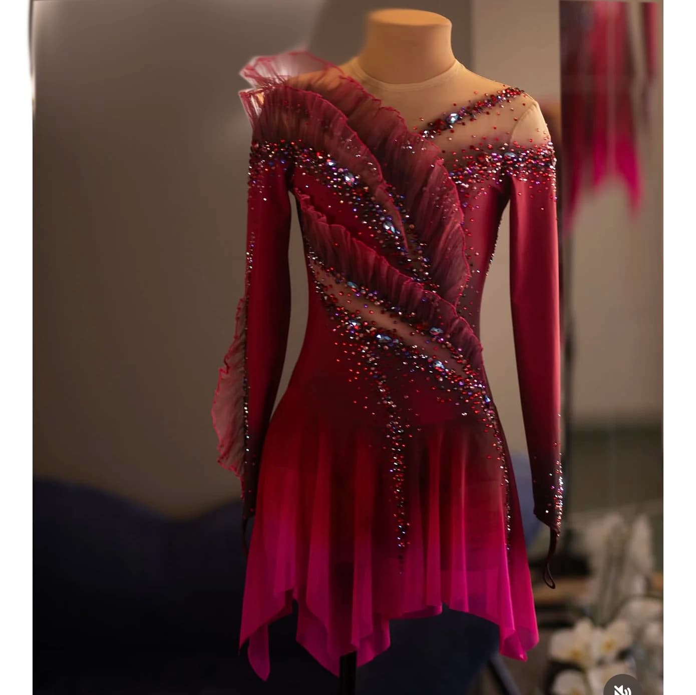 Abito da Pattinaggio Artistico con Maniche a Dita Lunghe, Gonna in Spandex a Maniche Lunghe per Pattinaggio su Ghiaccio, Abito da Competizione