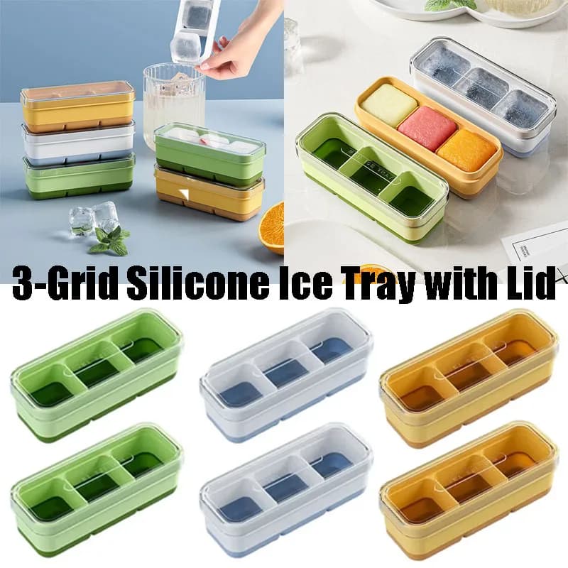 Stampo per Ghiaccio in Silicone a 3 Scomparti con Coperchio - Stampo Quadrato per Cubetti di Ghiaccio Fai-da-Te di Grado Alimentare, per Casa, Cucina e Bar