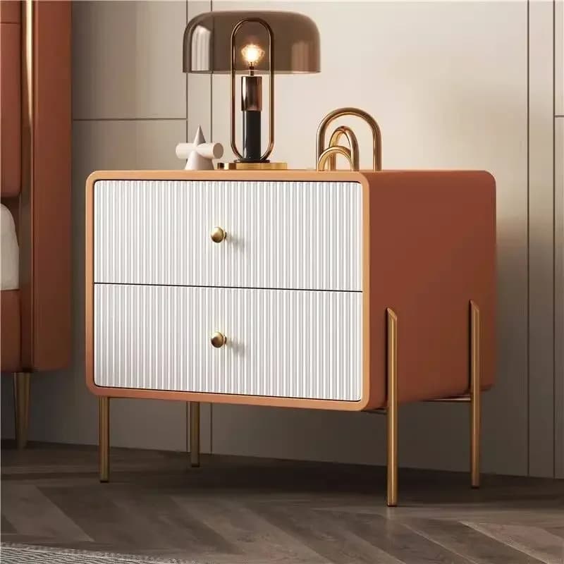 Comodino moderno con finta pelle PU, comodino con 2 cassetti, tavolino con gambe in metallo per camera da letto, soggiorno