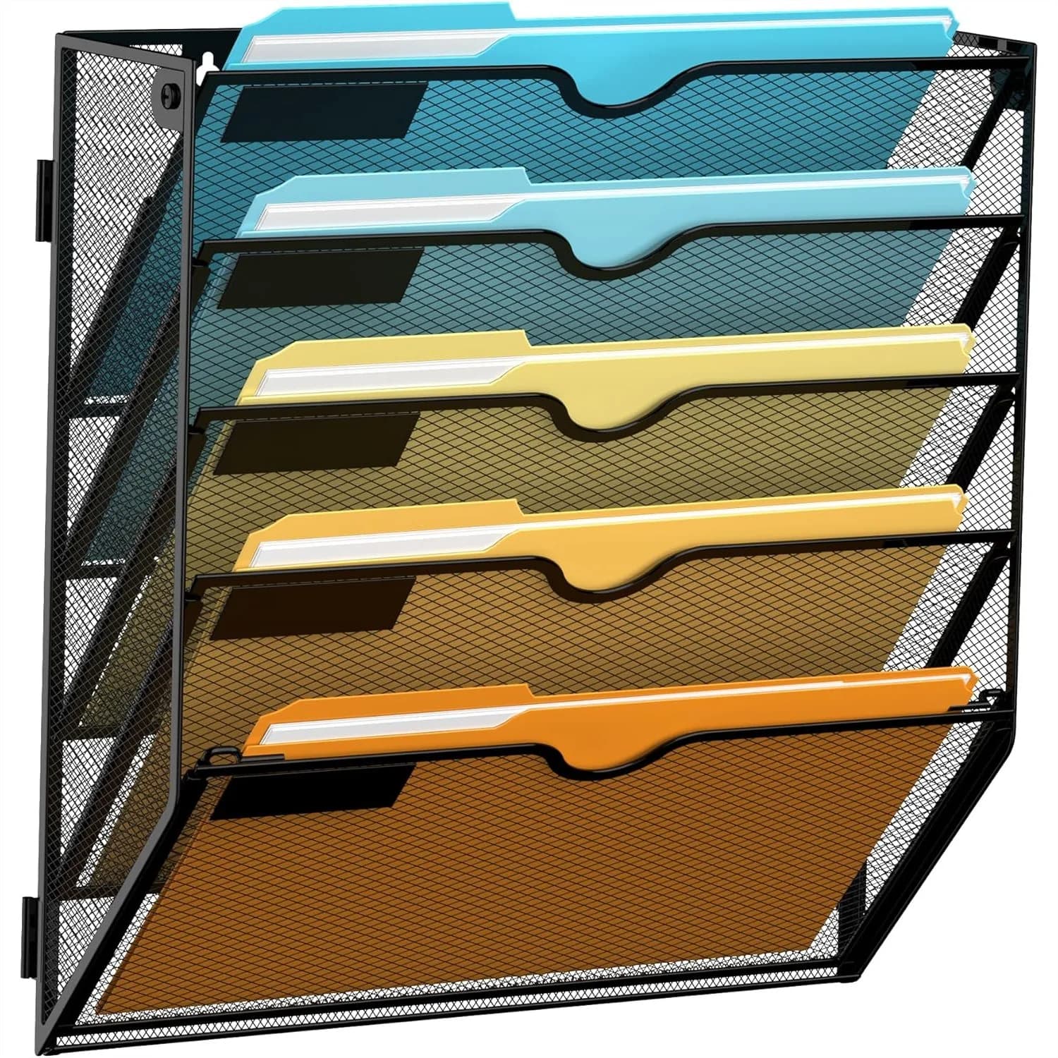 Organizzatore da Parete a 5 Livelli con Slot per Etichette, Porta Documenti in Rete Metallica per Ufficio o Casa, Design Salvaspazio Nero