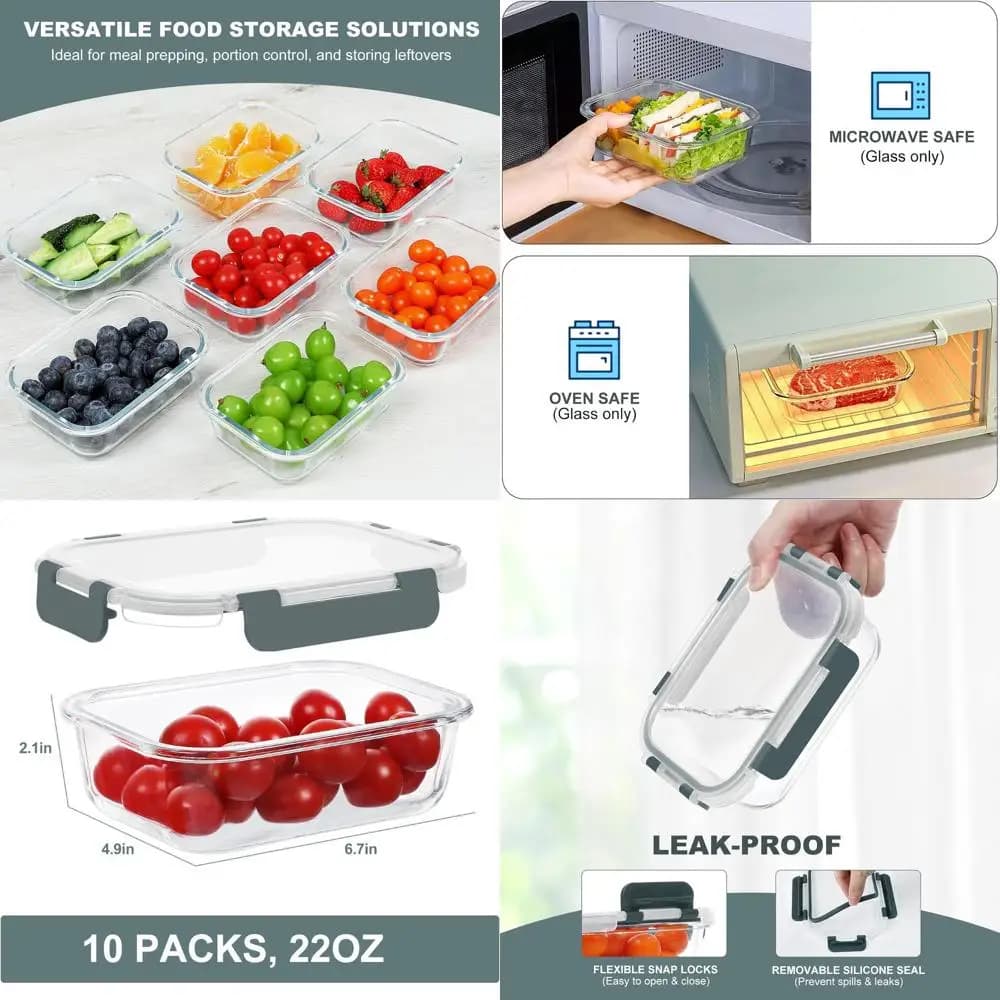 Set di 10 contenitori per la preparazione dei pasti in vetro da 22 once con coperchi, a tenuta stagna, senza BPA, adatti al microonde e al congelatore