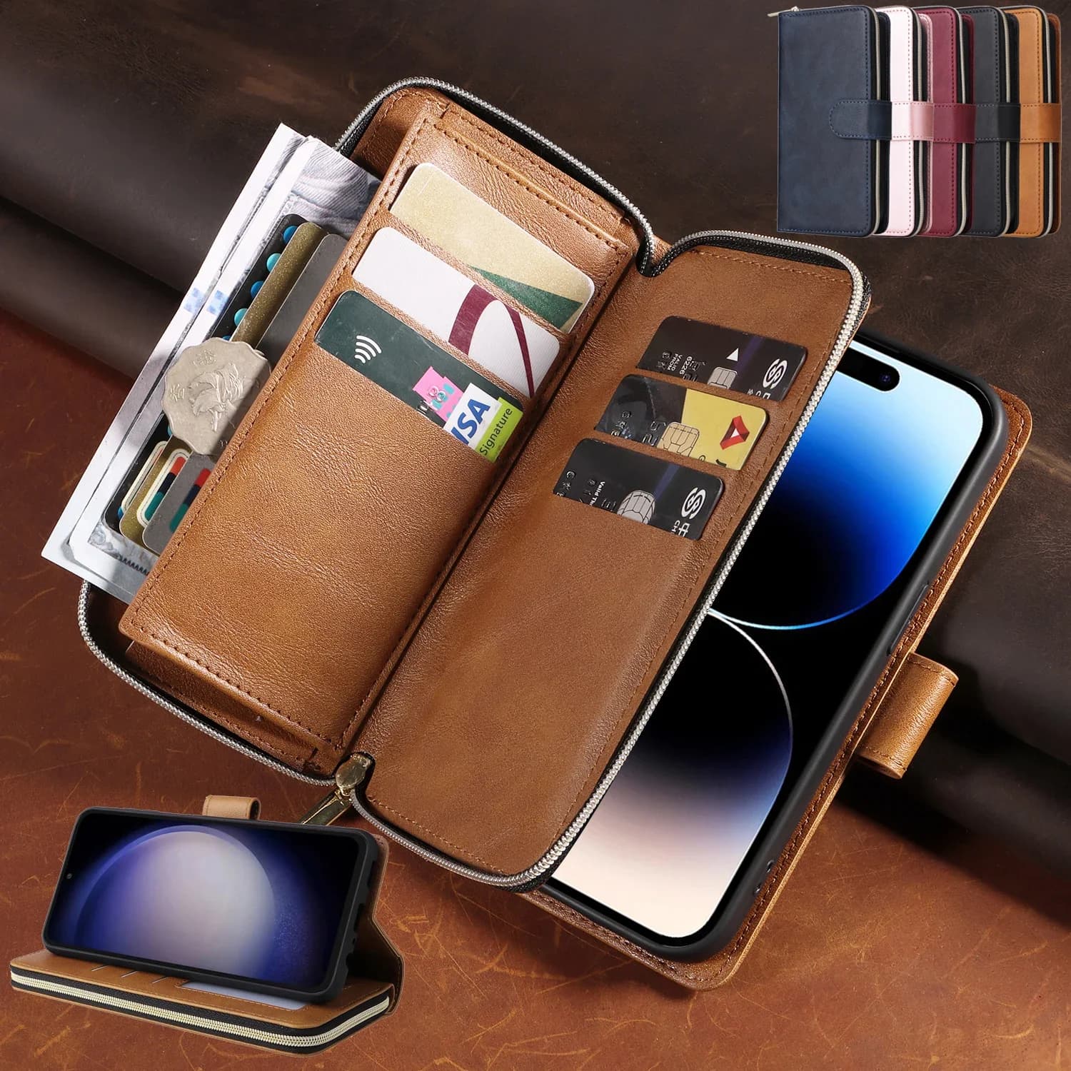 Custodia per carte a portafoglio in pelle con cerniera per Samsung Galaxy S25 S23 Plus S22 S24 Ultra A16 A06 A36 A26 A17 A07 Custodia con tasca