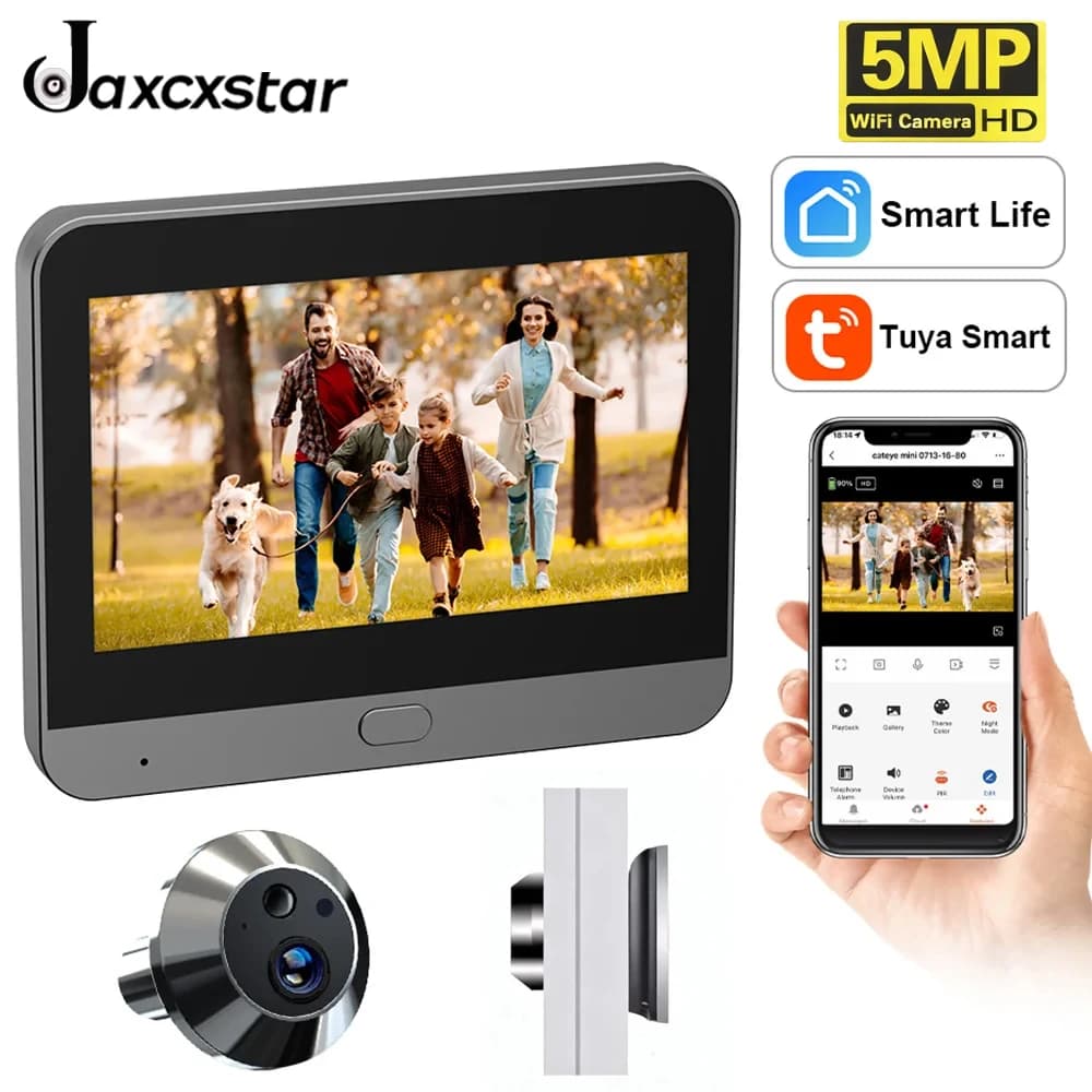 Tuya Smart WiFi 5MP Videocamera spioncino per porta Schermo da 4,3 pollici 5000mAh Allarme di movimento PIR Visualizzatore Alexa per la sicurezza domestica
