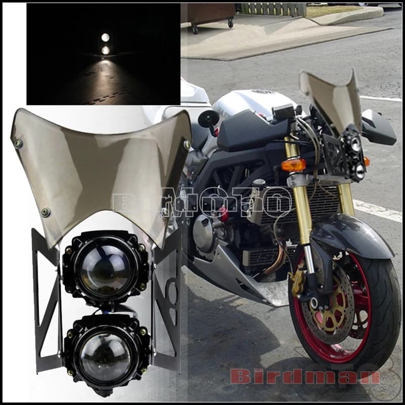 4 ''E4 Emark moto 12V doppio faro con staffa proiettore Streetfighter doppio gruppo faro anteriore sportivo con parabrezza