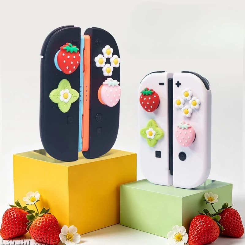Custodia Protettiva in Silicone Morbido a Tema Fragola Primaverile con Adesivi per Pulsanti D-pad e Tasti ABXY per Switch 2/NS Oled e Copri-Grip per Levetta Joy-con
