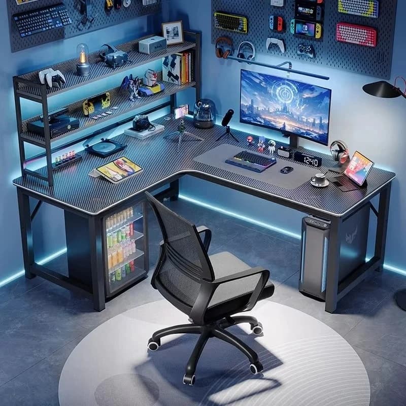 Set Scrivania e Sedia a L per Computer, Arredamento Moderno per Ufficio Domestico con Scaffale, Set Scrivania e Sedia da Gaming, Tavolo PC ad Angolo per Stanza