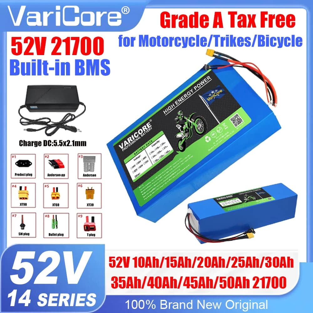 Batteria agli ioni di litio 52V/58.8V 14S 21700 da 10Ah 15Ah 20Ah 25Ah 30Ah 35Ah 40Ah 50Ah con BMS integrato 2000W per utensili elettrici e imbarcazioni, con caricabatterie